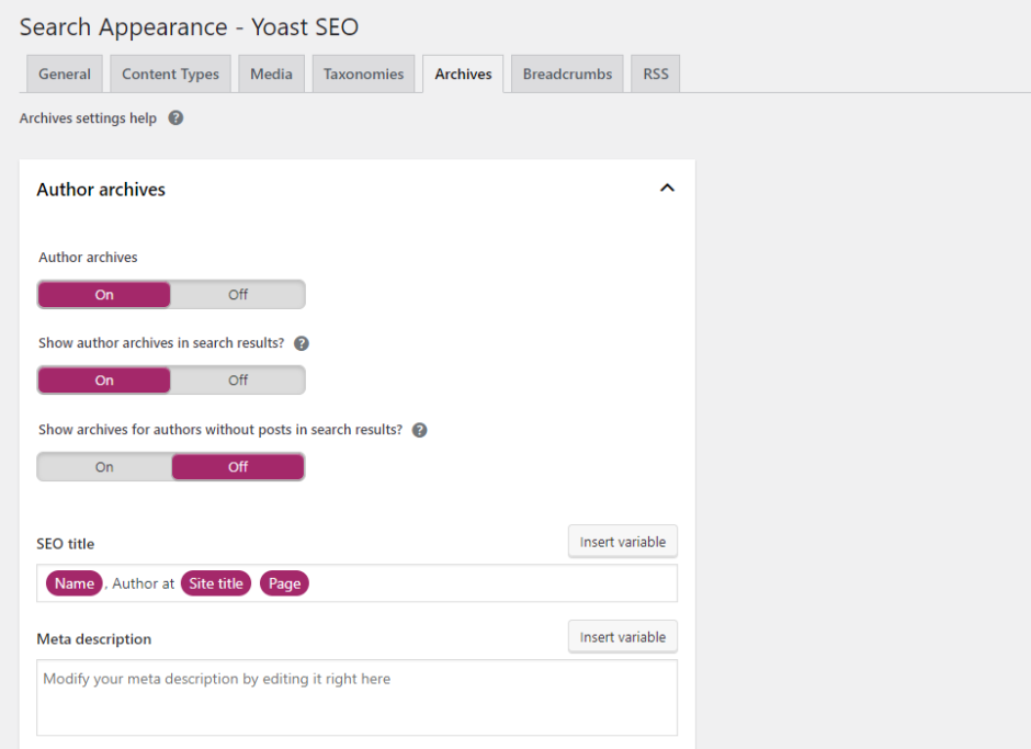 archives and author index setting through yoast seo