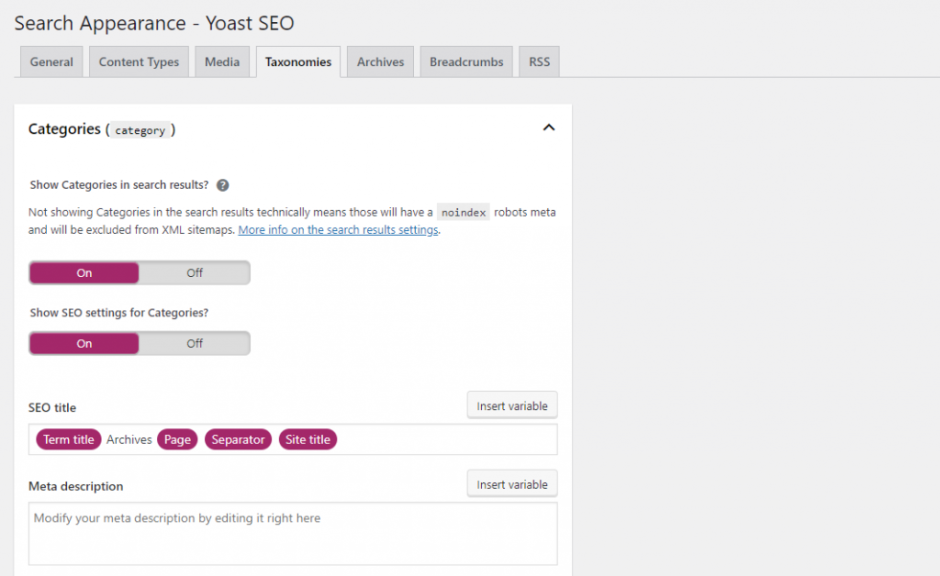 Categories index setting through yoast seo